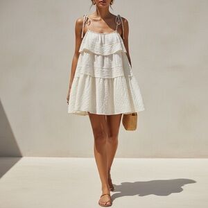 NWOT POL TEXTURED MINI DRESS OR TOP TIERED RUFFLES EMBROIDERED FLORAL ACCENT